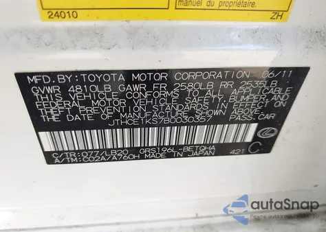 2011 Lexus Gs 350 z USA, uszkodzony, nr VIN JTHCE1KS7B0030357